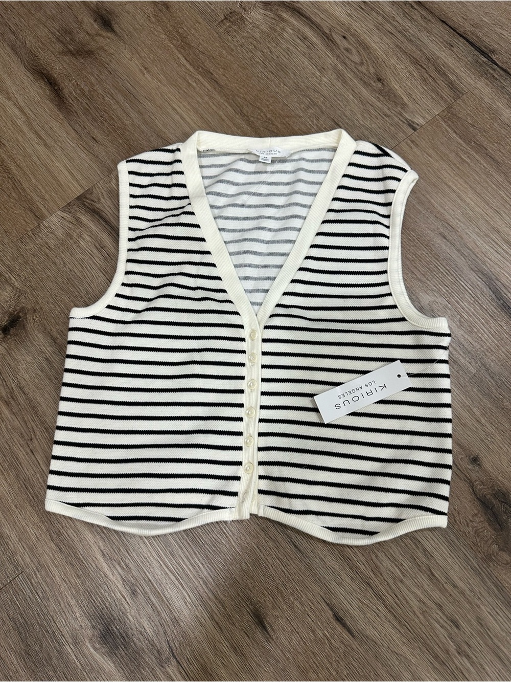 Kierous Black & White Striped V-Neck Button Front Sweater Vest